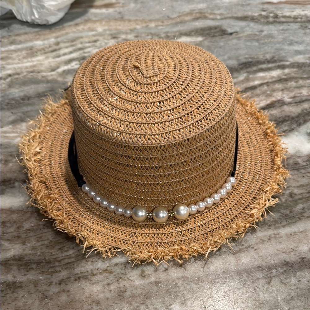 Elegant Tan Straw Hat with Pearl Detailing
